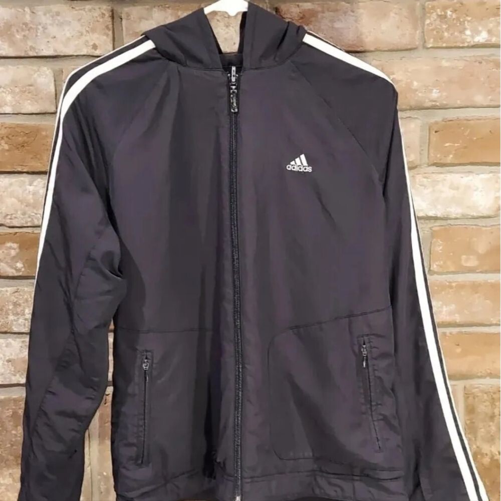 Adidas Mens Full Zip Cotton Hoodie Size M Medium Black White Fleece Jacket